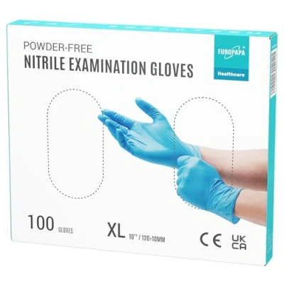 Abbildung von EUROPAPA® 100x Nitrilhandschuhe Box Einweghandschuhe, Einmalhandschuhe, Untersuchungshandschuhe, Nitril Handschuhe, puderfrei, ohne Latex, unsteril, latexfrei, disposible gloves (XL, Blau)