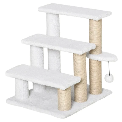 Abbildung von PawHut Kratzbaum 3 stufige Katzentreppe Tiertreppe Spanplatte Plüsch Jute Weiß, 45L x 40B 48H cm