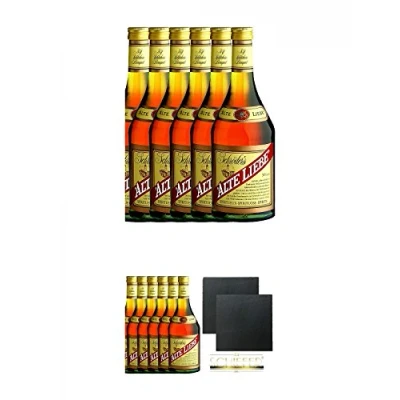 Abbildung von Schröders alte Liebe deutscher Weinbrand 6 x 0,7 Liter + Schiefer Glasuntersetzer eckig ca. 9,5 cm Ø 2 Stück