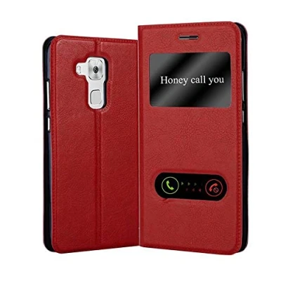 Abbildung von Cadorabo Hülle kompatibel mit Huawei NOVA Plus Sichtfenster aus Kunst Leder Flip Klappbare Stoßfeste Magnetische [Standfunktion] [Kartenfächern] Cover für Tasche in Rot