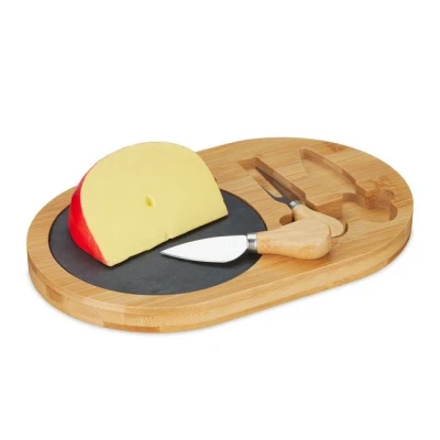 Abbildung von Relaxdays Käsebrett mit Käsemesser Set, Bambus Käseplatte Schiefer &amp; Käsebesteck, B x T: 28 18 cm, Natur/schwarz