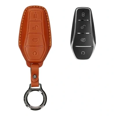 Abbildung von kwmobile Premium Leder Autoschlüssel Schutzhülle kompatibel mit BYD Atto 3 / Han/Tang/Dolphin/Yuan/Seal Hülle Schlüssel Tasche Braun