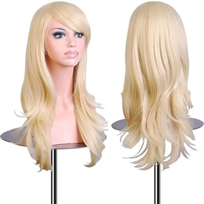 Abbildung von EmaxDesign 70cm qualitativ hochwertige Cosplay Perücke Für Frauen. Lang Voll, Lockig Wllig Heiz resistent. Fashion Glamourös Haarteil mit kostenlosen Kappe &amp; Kamm (Farbe: Hellblond)