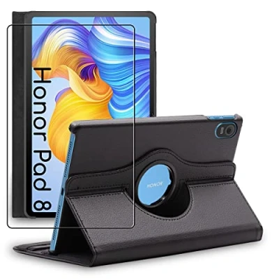 Abbildung von ebestStar Hülle für Honor Pad 8, Drehbar Schutzhülle, PU Lederhülle, Rotierende Ständer Etui, Rotating Case Cover, Schwarz + Panzer Schutz Glas