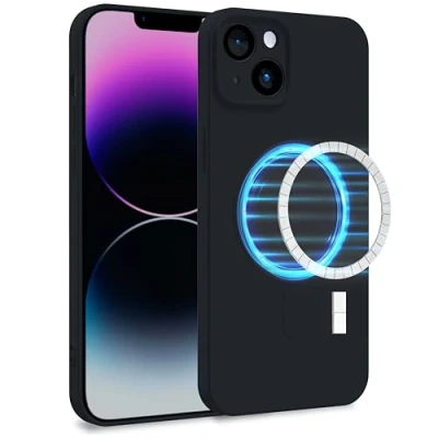 Abbildung von MyGadget Hülle für Apple iPhone 14 Plus [ kompatibel mit MagSafe ] Zweilagige Handyhülle Kameraschutz Cover Innenfutter &amp; Silikon außen Schwarz
