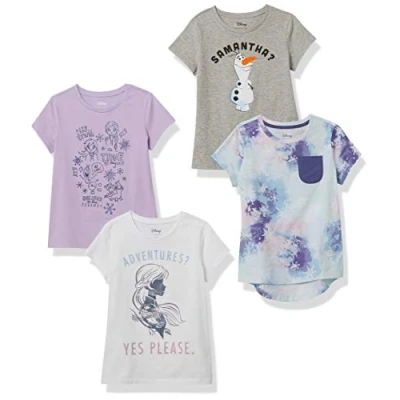 Abbildung von Amazon Essentials Disney Marvel Star Wars Frozen Princess Mädchen Kurzärmelige T Shirts, 4er Pack, Frozen/Batik, 9 Jahre