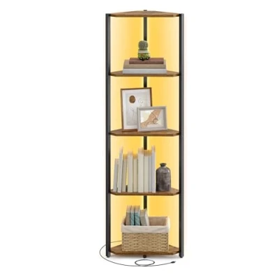 Abbildung von VASAGLE Eckregal mit 5 Ebenen, Bücherregal Einstellbarer LED Beleuchtung, Regal Stahlrahmen, 24,8 x 48 146,6 cm, für Wohnzimmer, Schlafzimmer, Arbeitszimmer, vintagebraun LBC590K02