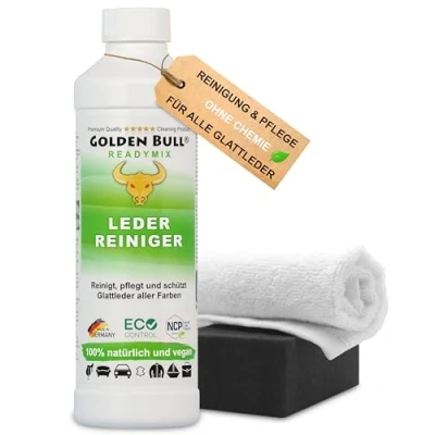 Abbildung von Golden Bull® Lederreiniger &amp; Lederpflege für Ledercouch Set [STARK VEGAN OHNE Chemie] Leder Reiniger 500ml, Schwamm, Tuch mit natürlichem Kokosöl optimale Reinigung Pflege von Auto Sofa