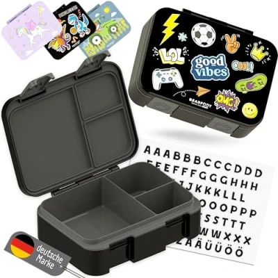 Abbildung von BEARFOOT Lunchbox Brotdose mit Fächern, leicht &amp; auslaufsicher Sticker schwarz, PP, ABS, Silikon, Kindergarten und Schule Mädchen Jungen, Vesperbox, Snackbox