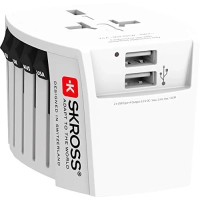 Abbildung von SKROSS 1.302960 MUV USB (2xA) Universeller 2 Pol Reiseadapter Komplett mit Ladebuchsen. Spannung und Leistung: 100V 250W / 250V 625W. Anti Stromschlagschutz