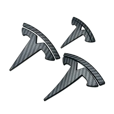 Abbildung von Lenkrad/Kofferraum Vorne/Kofferraum Hinten Logo Aufkleber Cover Emblem Badge Decals 3PCS/Set für Tesla Model Y Zubehör,Matt Carbon Fiber