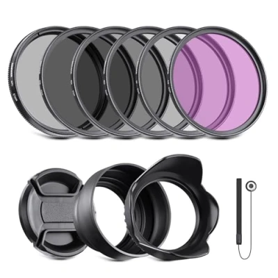 Abbildung von NEEWER 67mm ND Filter Kit und Objektivzubehör, ND2 ND4 ND8 UV FLD CPL(Circular Polarizing) Set mit Objektivdeckel/Tulpenförmige Gegenlichtblende