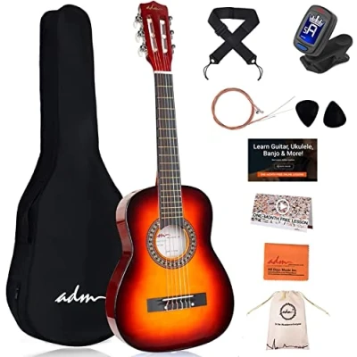 Abbildung von ADM 1/4 Kindergitarre Junior Konzertgitarre für Anfänger mit Clip Stimmgerät, Tasche, Gurt, Zusätzlichen Saiten und Plektren, Sunburst