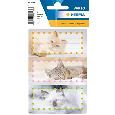 Abbildung von HERMA 5569 Buchetiketten zum Beschriften Katzen, 6 Stück, 76 x 35 mm, selbstklebend, liniert, Buchaufkleber für Schule Kinder Mädchen Jungen, mehrfarbige Heftetiketten Aufkleber, bunt