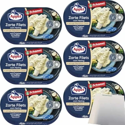 Abbildung von Appel Zarte Filets vom Hering in sahniger Original Schamel Meerrettich Creme 6er Pack (6x200g Dose) + usy Block