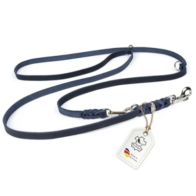 Abbildung von CopcoPet Hundeleine aus Fettleder 2m x 18mm Blau 3 Fach verstellbar, geflochten Mit Chrombeschlägen Grifffest, robust Umhängeleine für große Hunde, ideal Spaziergang, Training
