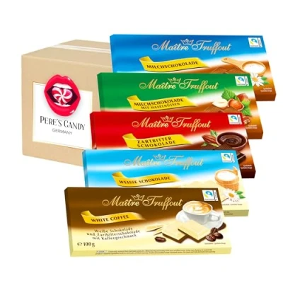 Abbildung von 5 x 100g Maître Truffout Tafel MIX PACK Milchschokolade Zartbitterschokolade Weisse Haselnuss Kaffee mit Geschenk von Pere&#039;s Candy