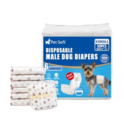 Abbildung von Pet Soft Einweg Hundewindeln für Rüden 50 Stück, Hochsaugfähige Rüdenwindeln mit Nässeindikator und Auslaufsicher (XS Stück)