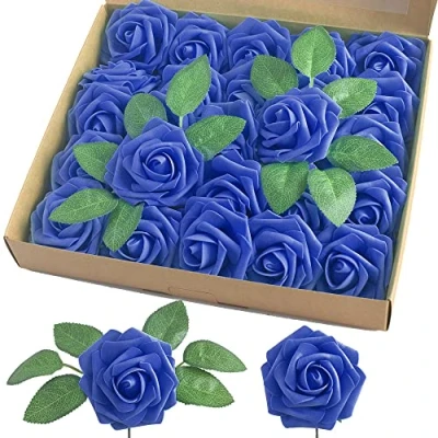 Abbildung von homEdge Künstliche Rose, 25 Stück Kunstschaumblumen mit Stiel für Heimdekoration, Hochzeitssträuße, Party, Certerpieces, Jubiläen Königsblau