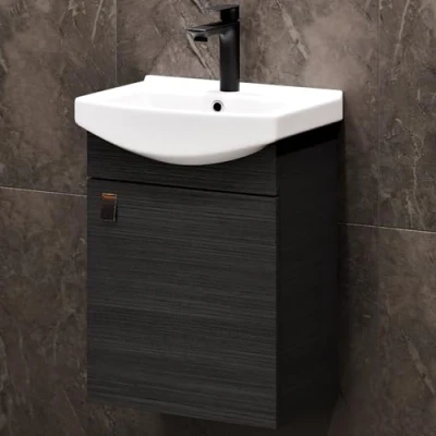 Abbildung von Planetmöbel Badmöbel Set aus Waschtisch mit Unterschrank 45cm in Anthrazit, Waschbecken und Armatur Schwarz, Zeitloses Badezimmerset