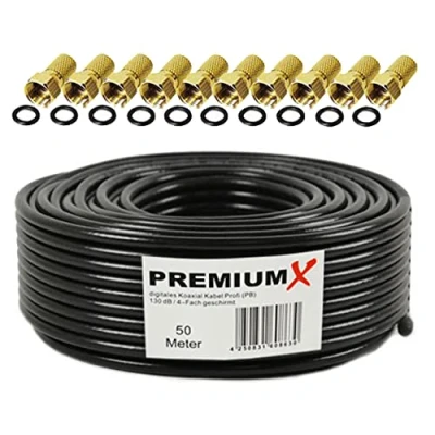 Abbildung von Premium X 50m Profi Koaxialkabel Schwarz 130dB 4 Fach CU Kupfer Satelliten Koax Kabel SAT Antennenkabel 10x F Stecker
