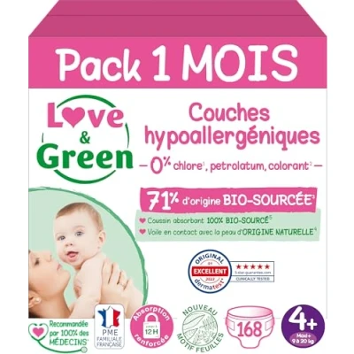 Abbildung von Love &amp; Green Gesunde und ökologische Babywindeln — Größe 4+ (9 20 kg) 1 Monatspackung (Packung mit 4 = 168 Windeln) Saugfähig, auslaufsicher frei von unerwünschten Inhaltsstoffen