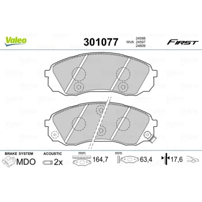 Abbildung von VALEO 301077 Bremsbelagsatz FIRST Vorderachse inkl. Verschleißwarnkontakt ohne Anti Quietsch Blech HYUNDAI: H 1 Travel, Cargo