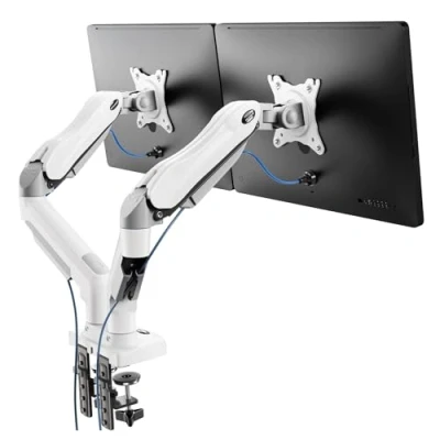 Abbildung von HUANUO Monitor Halterung 2 Monitore für 13 bis 30 Zoll Bildschirme, Bildschirmhalterung mit 9 kg Tragkraft, Monitorhalterung Montageoptionen/VESA 75/100, Weiß