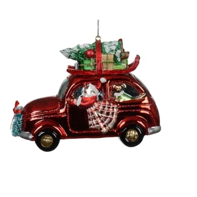 Abbildung von Christbaumschmuck Auto Glas 9,5cm Figur zum Aufhängen mundgeblasen &amp; mit Glitzer Weihnachtsbaum Anhänger für Weihnachten Christbaumanhänger Weihnachtsbaumschmuck Fahrzeug Automobil Rot