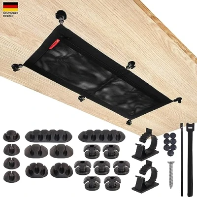 Abbildung von Kabelnetz Schreibtisch für Kabelmanagement &amp; Ordnung Flexibler Kabelkanal zum Kabel verstecken mit doppellagigem Netz und integrierter Tasche verstauen (Schwarz 63 x 24 cm)