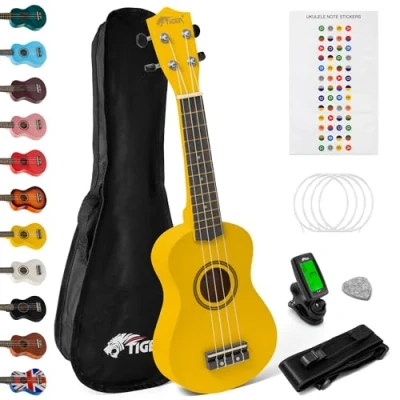 Abbildung von TIGER Sopran Ukulele, Anfänger Set. Stimmgerät, Gurt, Tasche, Pick, Saiten Gelb