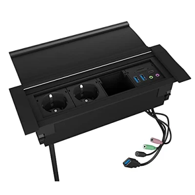 Abbildung von ICY BOX Tischsteckdose mit USB, versenkbar, USB 3.0 Hub, Kartenleser, Audio, Dual Steckdose, Aluminium, Schutzklappe, Schwarz, IB TS401 4