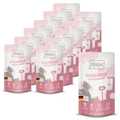 Abbildung von MjAMjAM Premium Nassfutter für Katzen Quetschie köstliche Garnelen an saftigem Hühnchen, 12er Pack (12 x 125 g), getreidefrei mit extra viel Fleisch