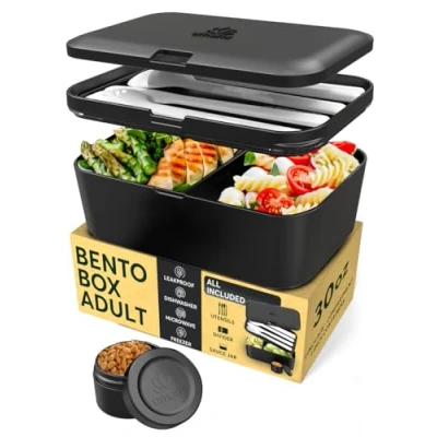 Abbildung von Umami Lunchbox Erwachsene, Verschachtelbar Auslaufsichere Bento Box mit 4 Bestecke &amp; Fächern, Brotdose Salatbehälter To Go, Lunch für Picknick/Büro, Onyx Schwarz, 900 ml