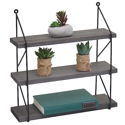 Abbildung von Mendler Wandregal HWC K78, Hängeregal Schweberegal Regal, 3 Regalböden Metall Massiv Holz Industrial 40x40x13cm dunkelgrau