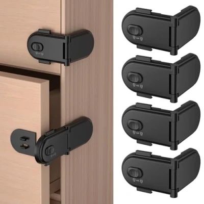 Abbildung von REDTRON Kindersicherung für Schränke mit doppeltem Sicherheitsschalter (4 Pack, Schwarz), Ungiftige kindersichere Schrankschlösser, Kindersicherungen Türen Einfache Montage 3M Kleber