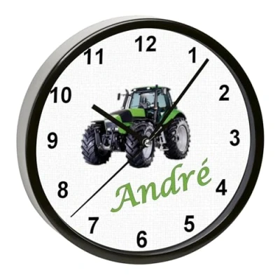 Abbildung von CreaDesign, WU 01 1104, Traktor Wanduhr für Kinderzimmer, personalisierbar mit Namen, Rahmen schwarz, Durchmesser 19,5 cm