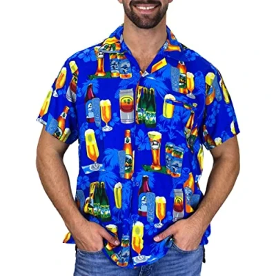 Abbildung von V.H.O. Funky Hawaiihemd, Kurzarm, Bierflaschen, Blau, L