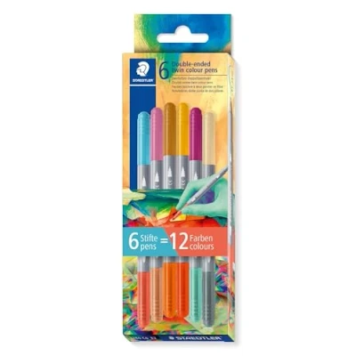 Abbildung von STAEDTLER 3280 Doppelfasermaler zweifarbig, zwei Spitzen, unterschiedliche Farben, Linienbreiten 3 mm und 1 mm, Kartonetui mit 6 Fasermalern in sortierten 3280C6E2 2