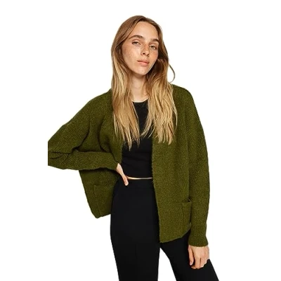 Abbildung von TRENDYOL Damen Gerade Lange Ärmel Plus Size Strickjacke Cardigan Sweater, Khaki, S Große Größen EU