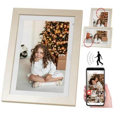Abbildung von Somikon Digitale Bilderrahmen: WLAN Bilderrahmen, 25,7 cm / 10,1&quot; IPS Touchdisplay, weiß, Holzrahmen (Digitaler Bilderrahmen groß, Digitaler Fernzugriff, Senioren Handy)