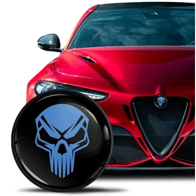 Abbildung von SkinoEu Kompatibel mit Alfa Romeo Emblem Plakette Motorhaube/Kofferraum 74mm für Giulietta 940 MiTo 156 147 159 GT Brera Spider 939 Schwarz Blau Schädel EA 5