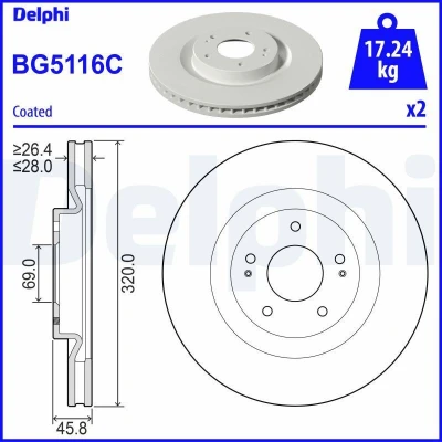 Abbildung von DELPHI BG5116C Bremsscheibe 320 28 5 Belüftet beschichtet unbehandelt ohne Radlager, ABS Sensorring MITSUBISHI: Eclipse Cross, OUTLANDER 3