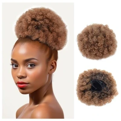 Abbildung von Afro Puff Kordelzug Pferdeschwanz Synthetisches Haarteile Kurzes Lockiges Für Frauen Haarverlängerungen (Large,T1B/30#)