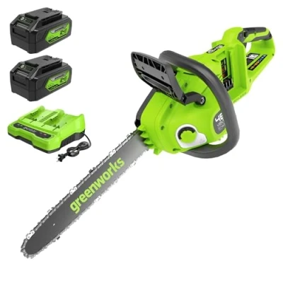 Abbildung von Greenworks 48V(2x24V) Akku Kettensäge Mit bürstenlosem Motor, 14 Zoll (35cm) Blattlänge, 20 m/s Kettengeschwindigkeit, Auto Öler, zwei 4Ah Akkus &amp; Doppel Ladegerät, 3 Jahre Garantie GD24X2CS36K4X