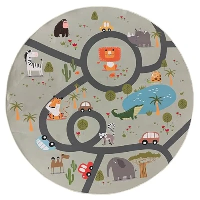 Abbildung von the carpet Happy Life Kinderzimmer, Kinderteppich, Spielteppich, Straßenteppich, Straße, Dschungel, Tiere, Auto, Dschungel grün 2, 160 cm Rund