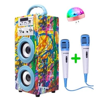 Abbildung von DYNASONIC Karaoke mit 2 Mikrofonen, tragbarer Maschine, Bluetooth Lautsprecher, USB und SD Kartenleser, Lichter, Geschenk für Kinder von 5 bis 13 Jahren (Model 22 Lights)