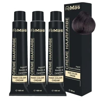 Abbildung von FemMas Haarfarbe 3x Hellbraun Asch 5.1 I Professionelle Creme mit Arganöl, Keratin &amp; Ceramiden Als dauerhafte Haarfärbung oder Tönung für strahlende, haltbare Farbergebnisse 100 ml