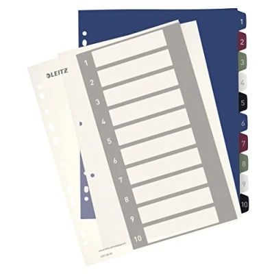 Abbildung von Leitz Register für A4, PC beschriftbares Deckblatt und 10 Trennblätter, Taben mit Zahlenaufdruck 1 10, Überbreite, Weiß/Mehrfarbig, PP, Style, 12370000