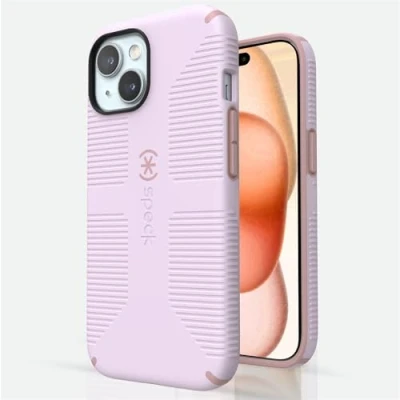 Abbildung von Speck Schutzhülle für iPhone 15 gebaut MagSafe, Fallschutz 15, 14 &amp; 13 Kratzfest, weich, 15,5 cm (6,1 Zoll) Handyhülle CandyShell Grip Soft Lila/Nelke Blütenblatt